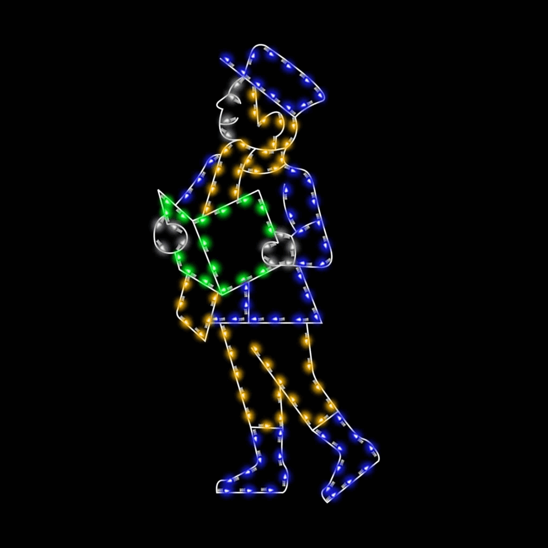 A Christmas light silhouette of a boy wearing a blue outfit and yellow scarf, caroling while holding a green book.