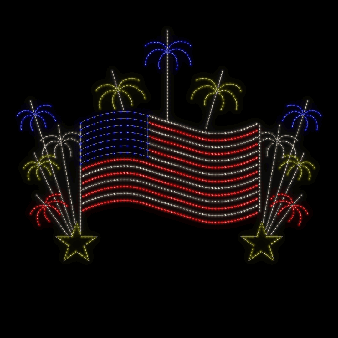 A large Christmas light silhouette of the flag of the United States of America, surrounded by red, white, and blue fireworks.
