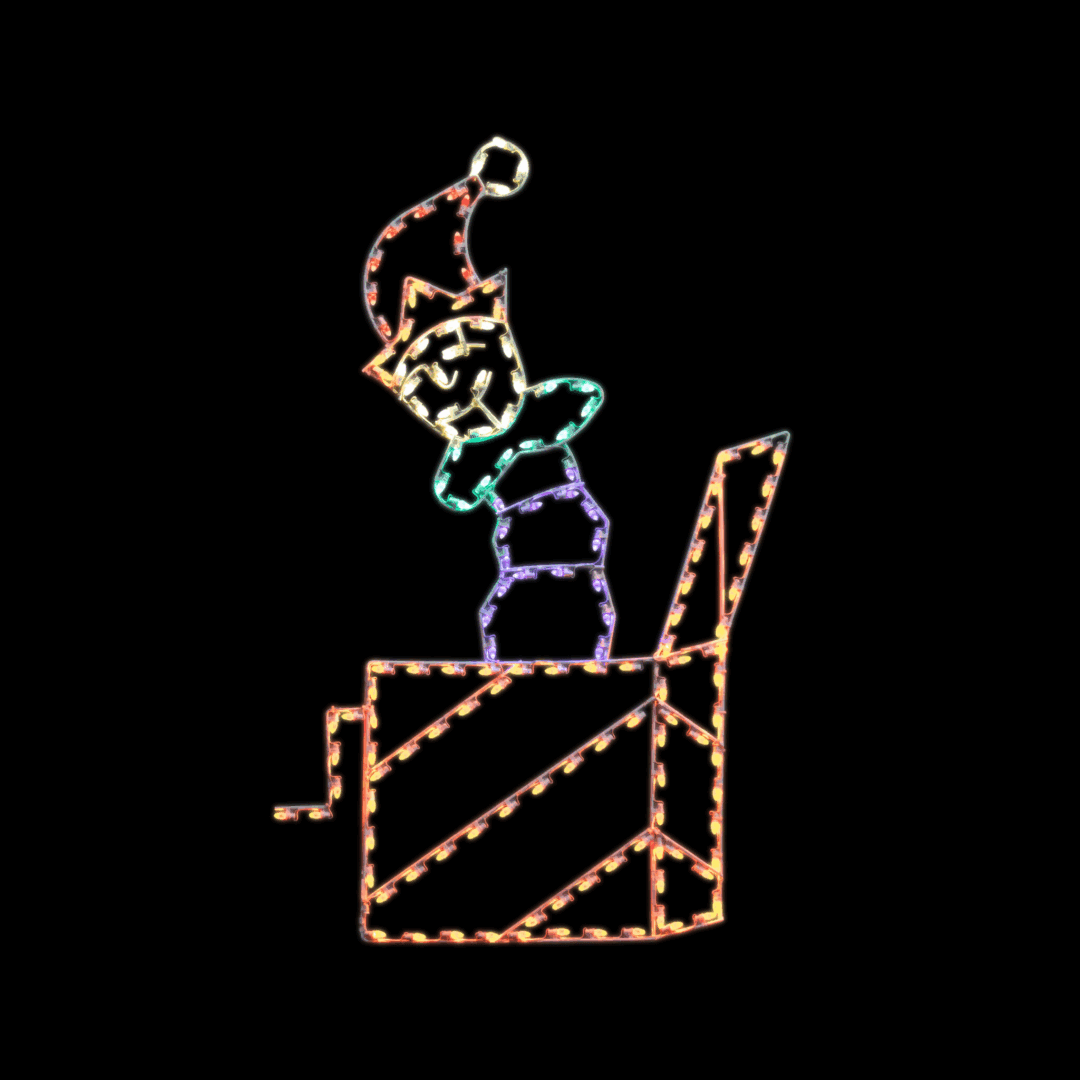 A Christmas light silhouette of an open Jack in the box toy.