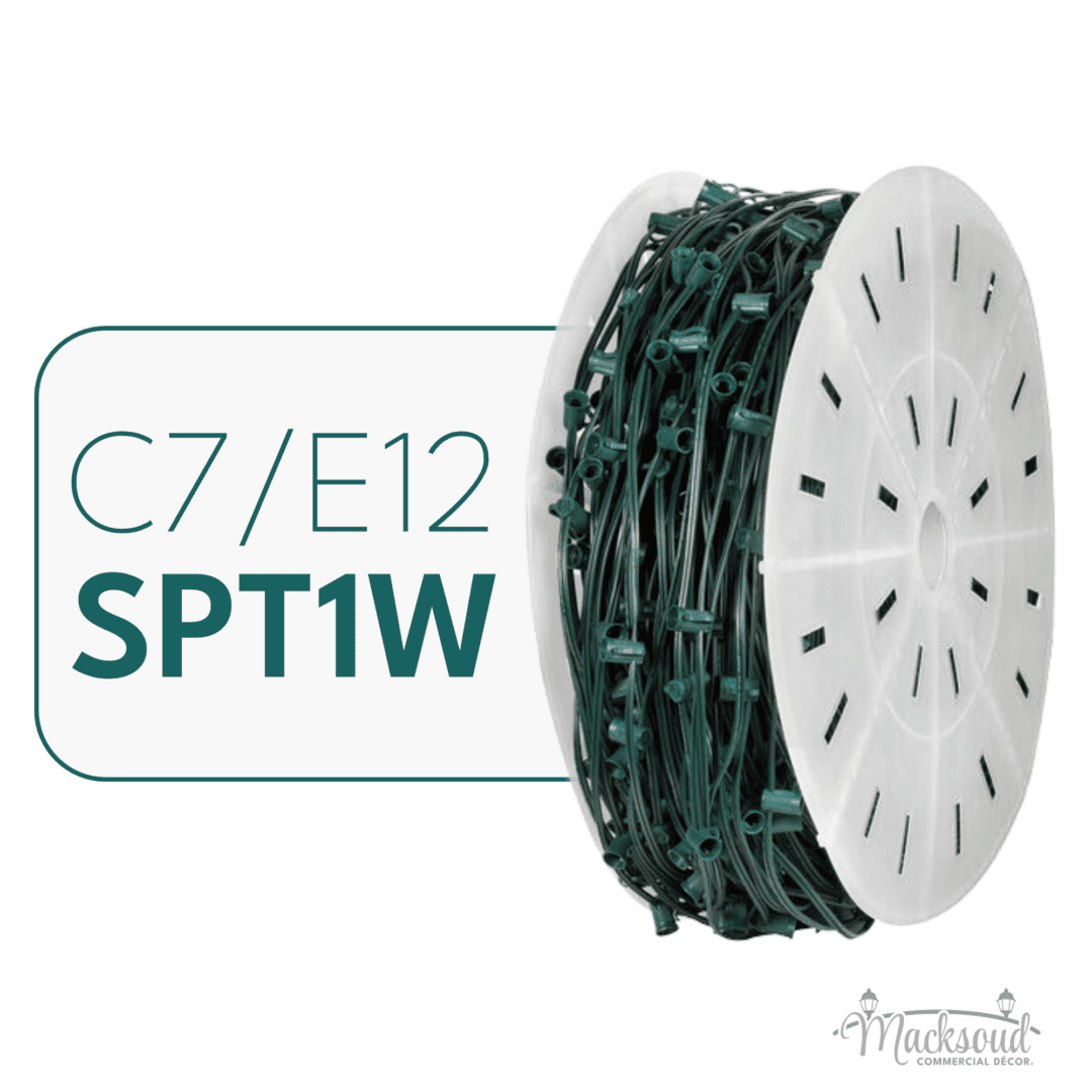 A white spool of green Christmas light wire with the words "C7/E12 SPT1W" to the left.