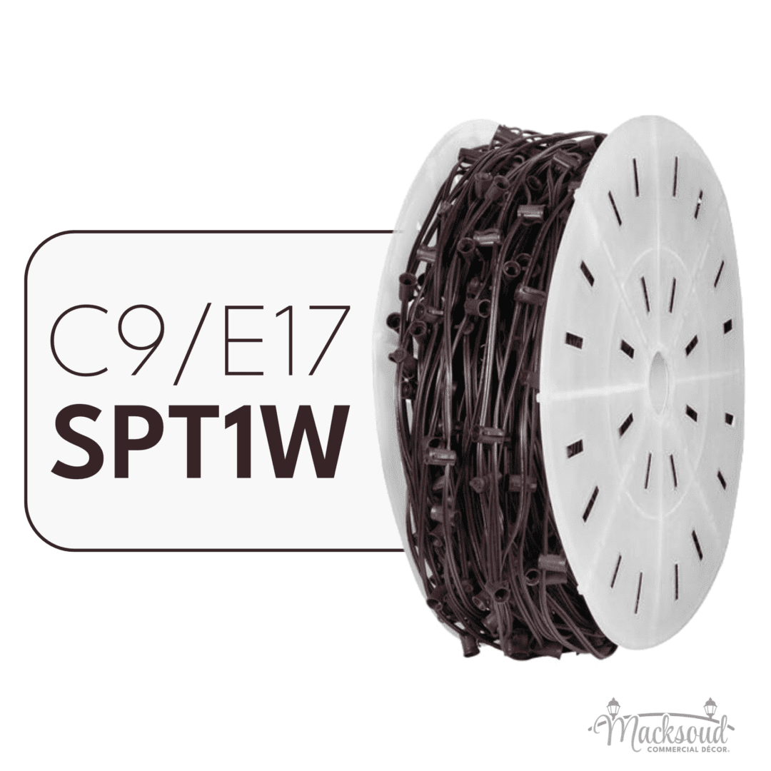 A white spool of brown Christmas light wire with the words "C9/E17 SPT1W" to the left.