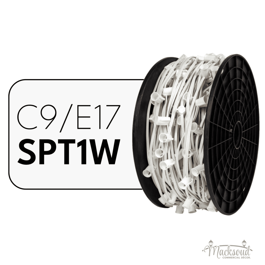 A black spool of white Christmas light wire with the words "C9/E17 SPT1W" to the left.