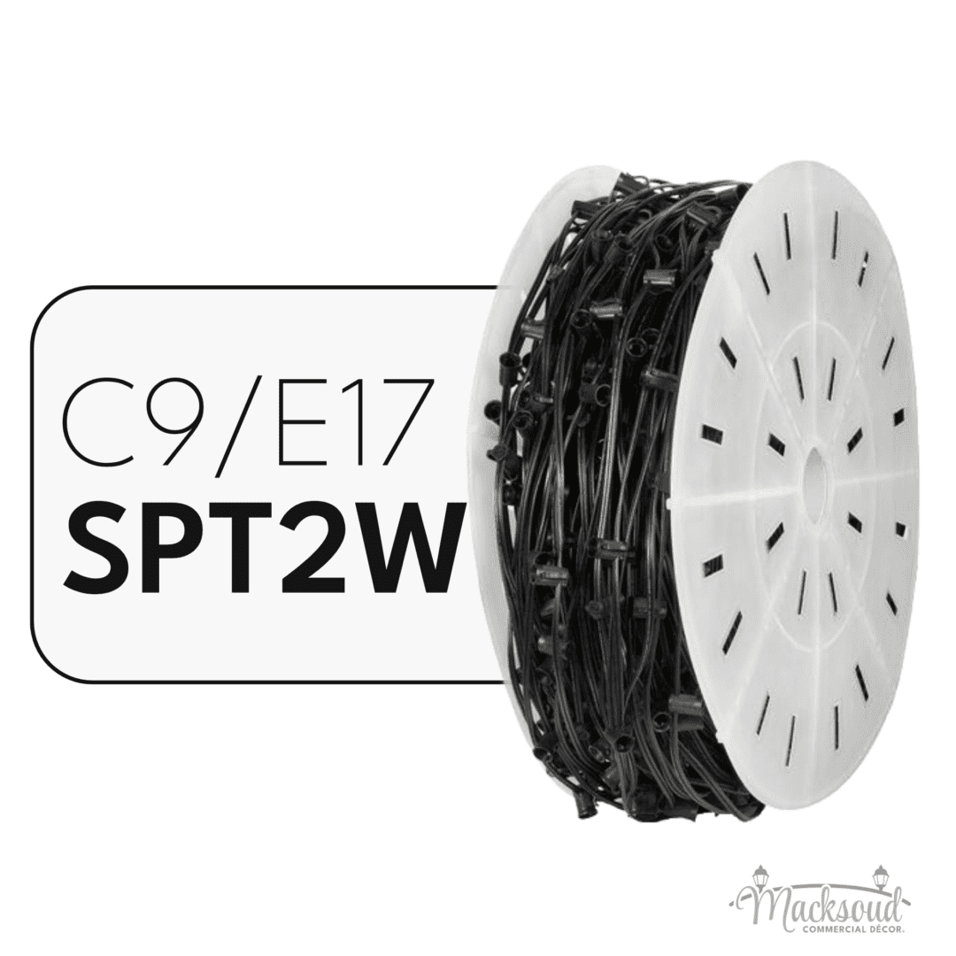 A white spool of black Christmas light wire with the words "C9/E17 SPT2W" to the left.