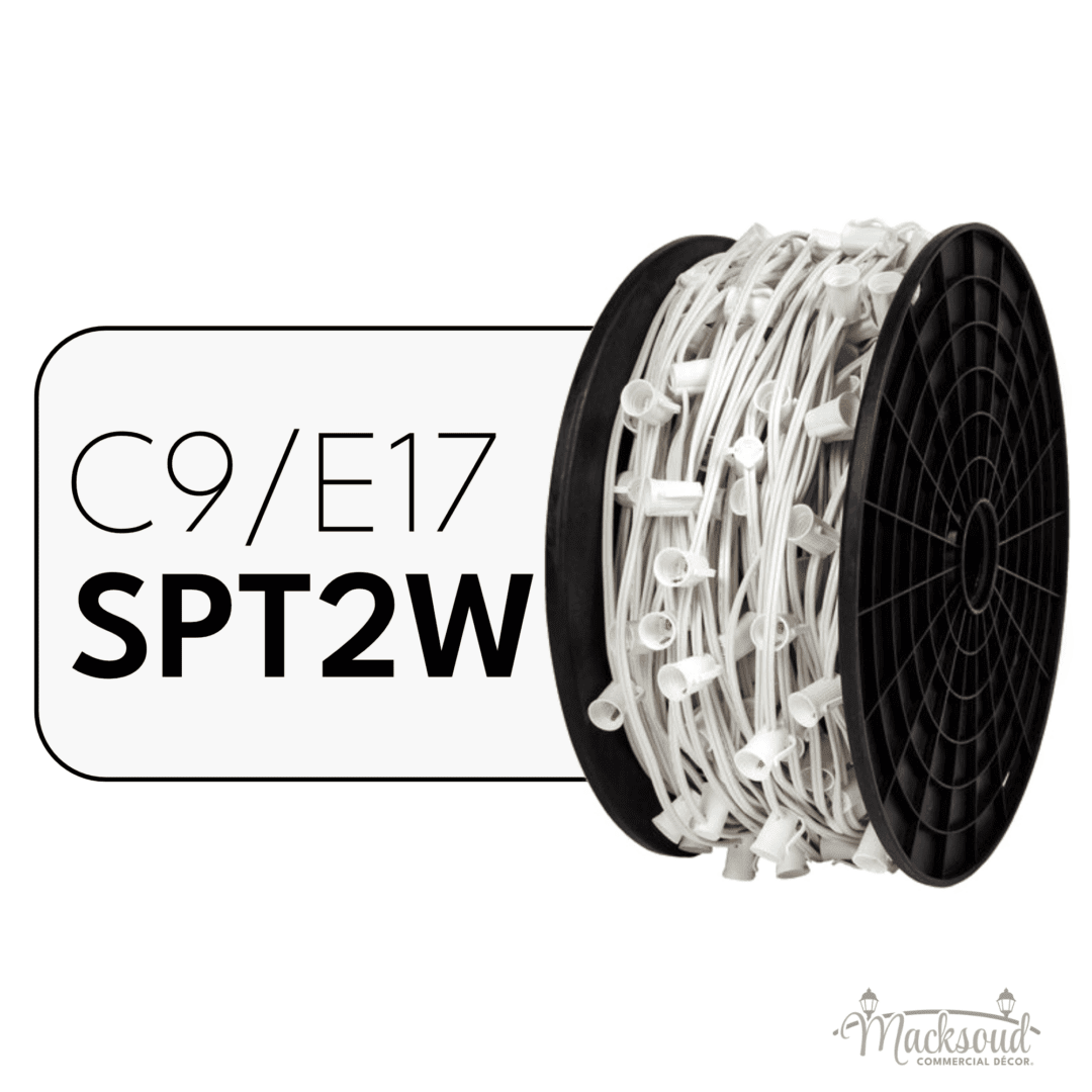 A black spool of white Christmas light wire with the words "C9/E17 SPT2W" to the left.