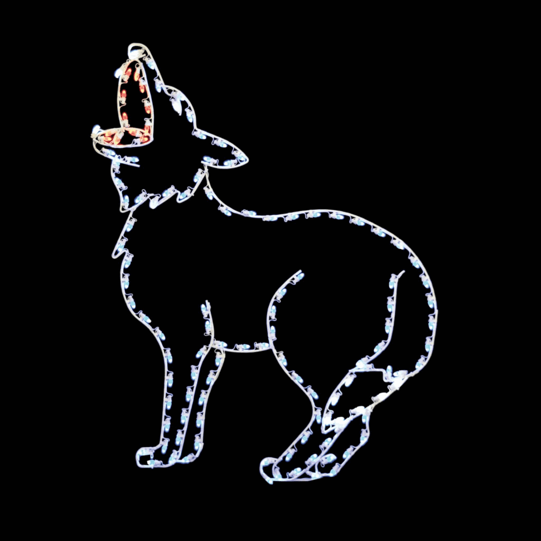 A Christmas light silhouette of a howling wolf.