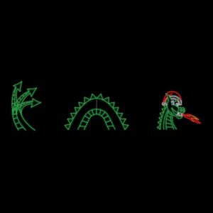 A Christmas light silhouette of a green sea dragon blowing flames and wearing a Santa hat.