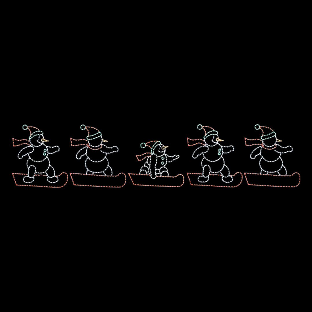 A lighted Christmas light silhouette of a snowman snowboarding.