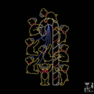 An animated Christmas light silhouette of a plush bear climbing up a tall candy cane and rope climbing down.