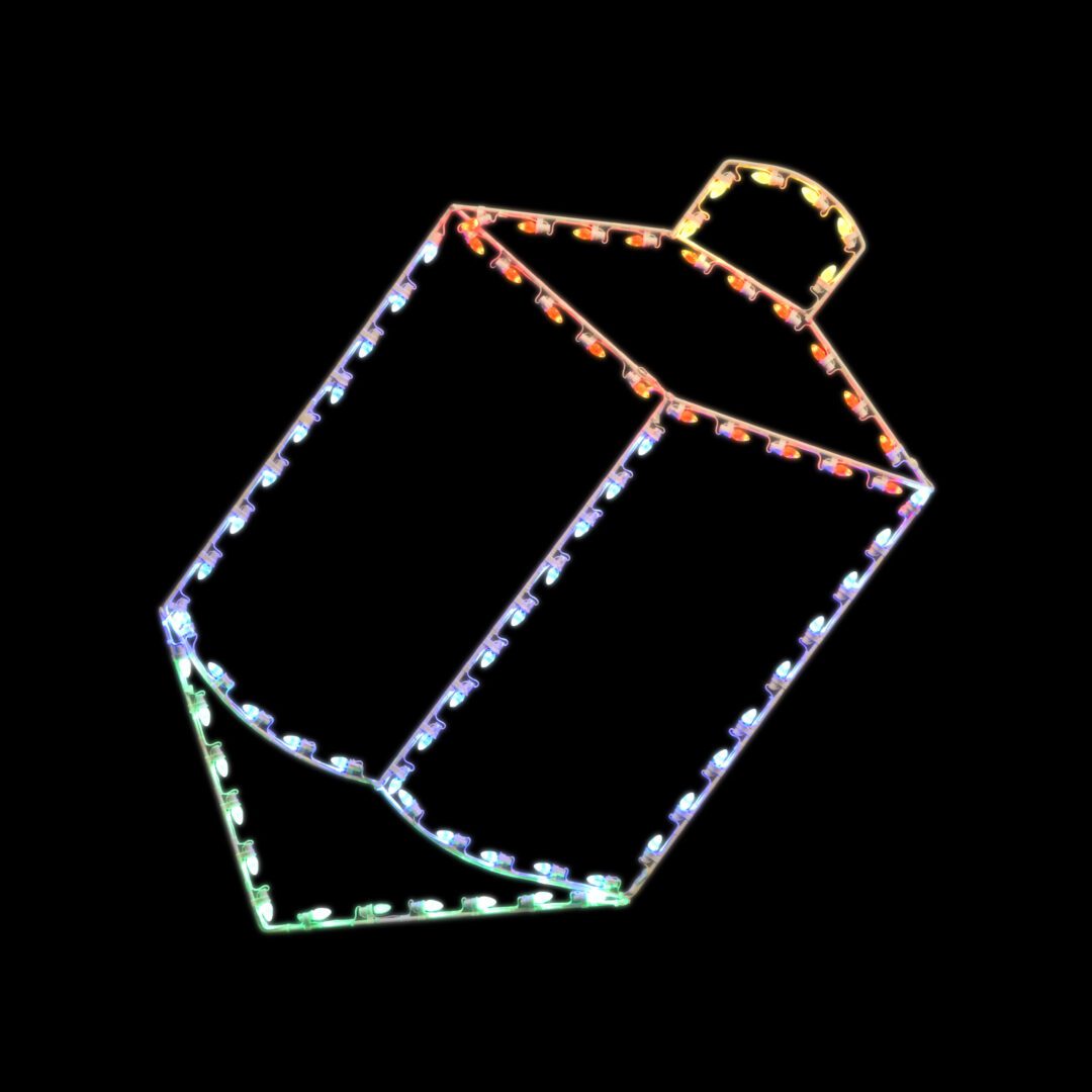 A lighted Christmas light silhouette of a toy dreidel.