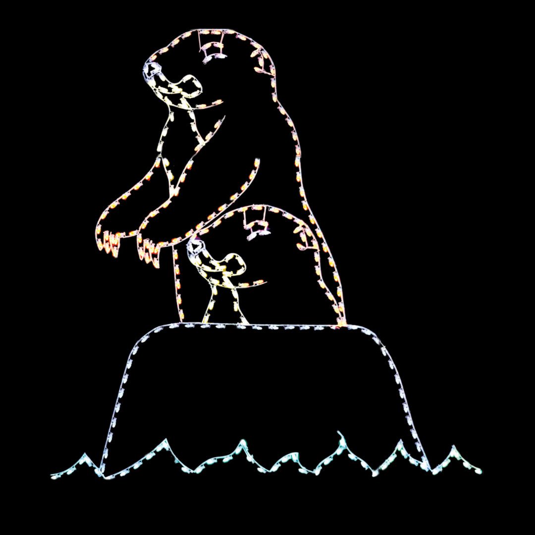 An animated Christmas light silhouette of a prairie dog standing up and down in a ground burrow.