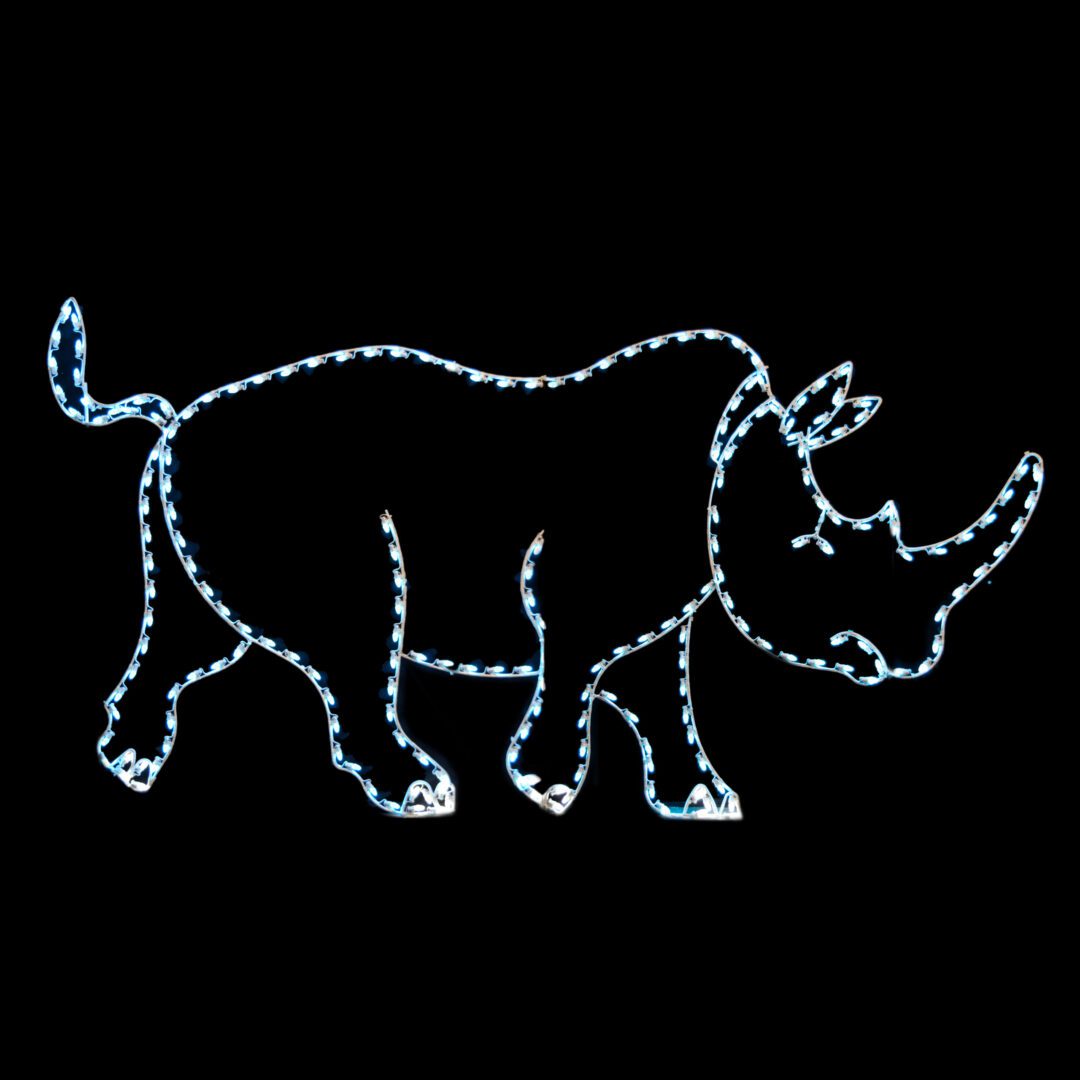 A lighted Christmas light silhouette of a walking rhinoceros.