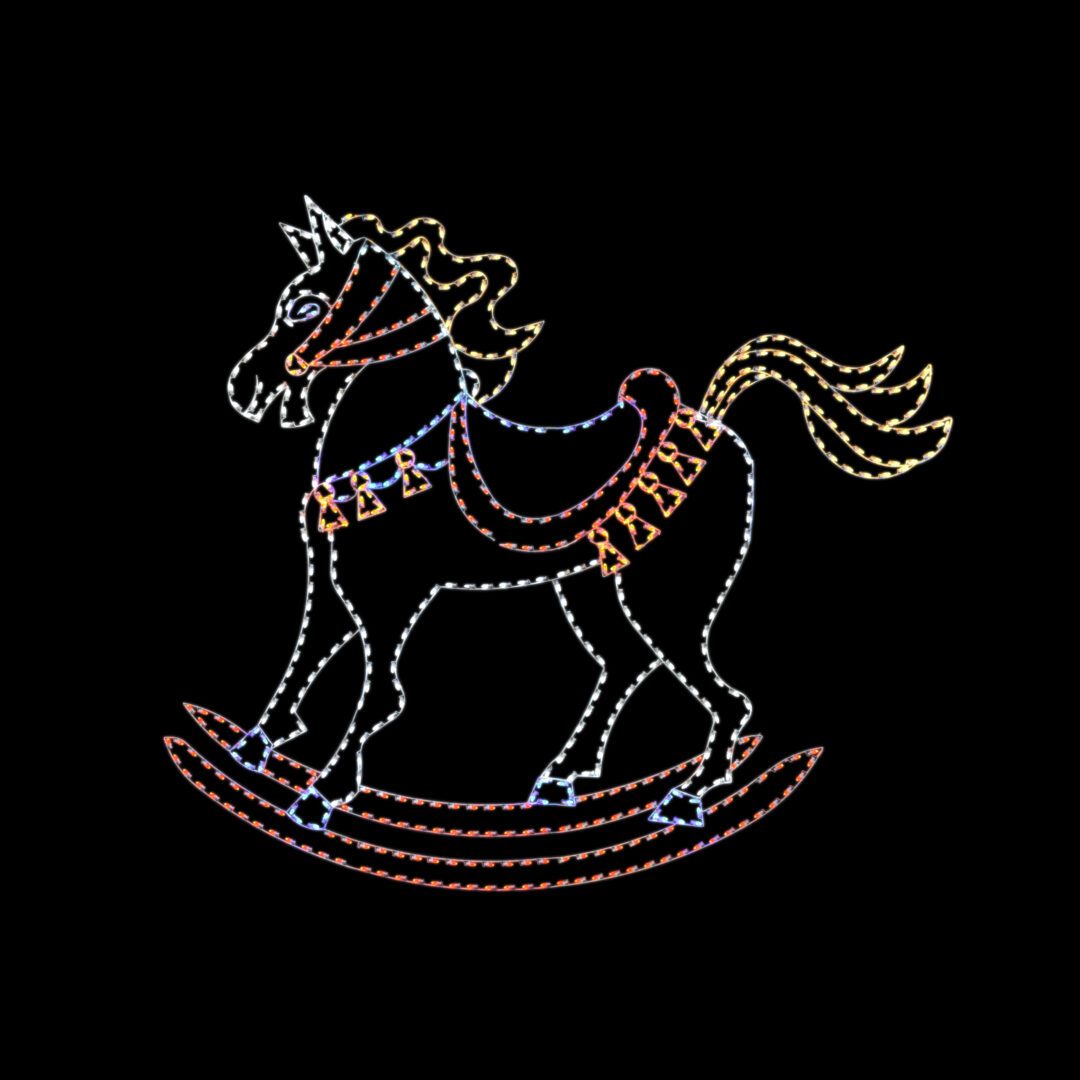 A lighted Christmas light silhouette of a rocking horse.