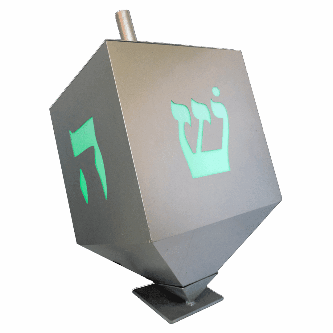 An oversized silver dreidel.