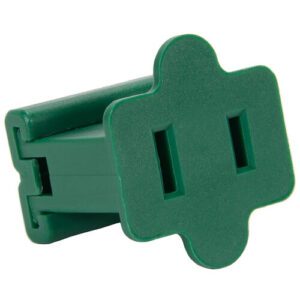 A green female zip plug for commercial Christmas light wire.