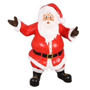 A large cartoonish-looking fiberglass Santa with his arms out wide.
