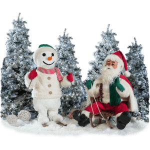 Santa Claus is sitting on a sledge, next to a snowman skiing.