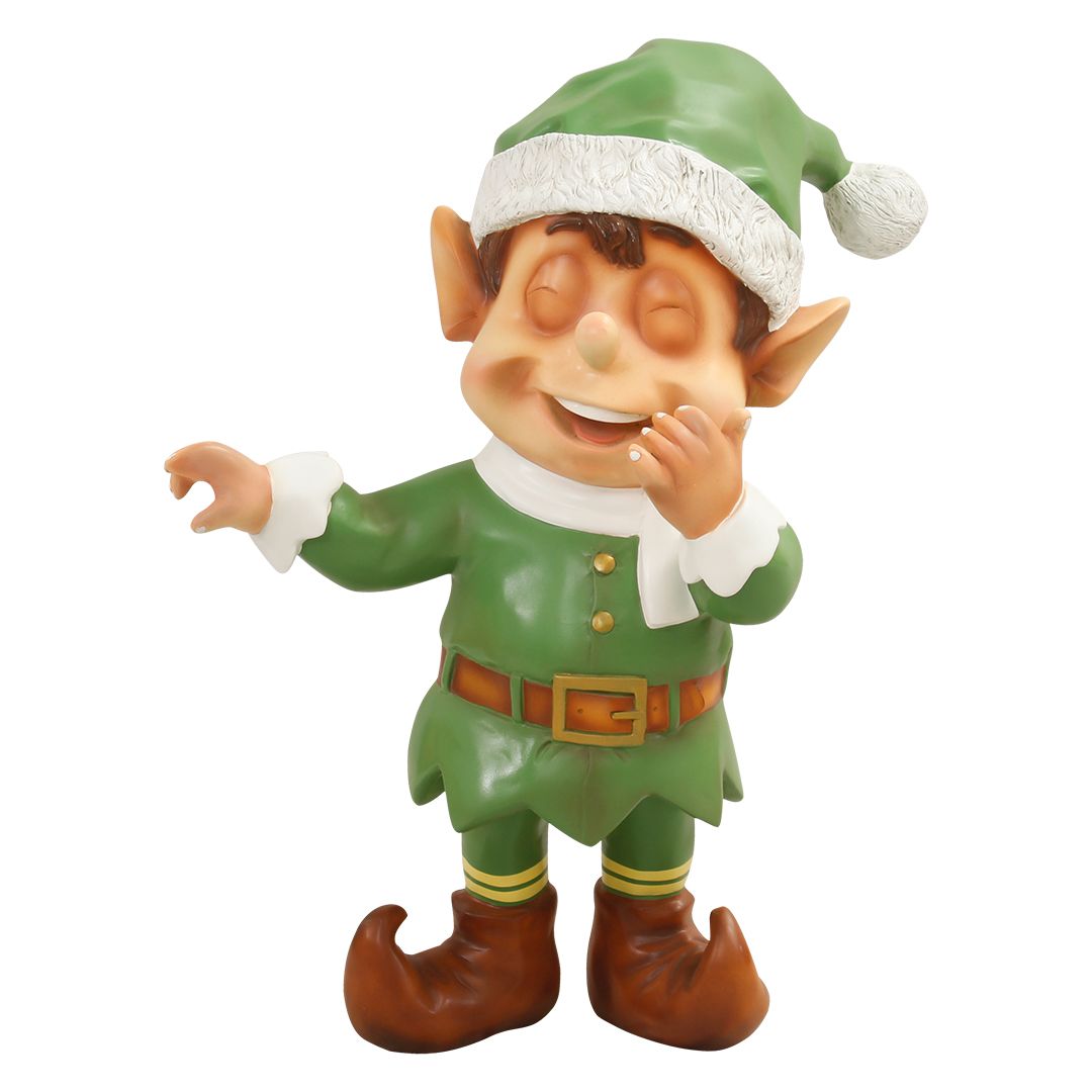 A fiberglass figure of a Christmas elf laughing.