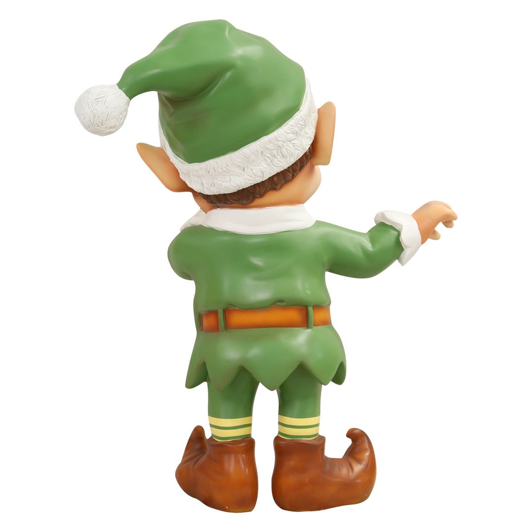 A fiberglass figure of a Christmas elf laughing.