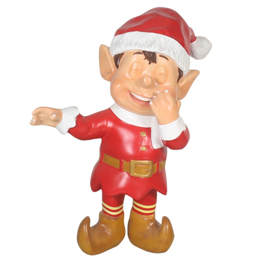 A fiberglass figure of a Christmas elf laughing.