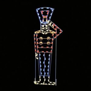 A large toy soldier silhouette saluting. Made from a white wire frame and long-lasting C7 LED Christmas lights.