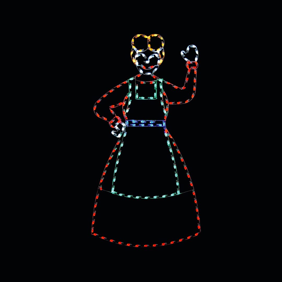 A Christmas light silhouette of Mrs. Claus waving.