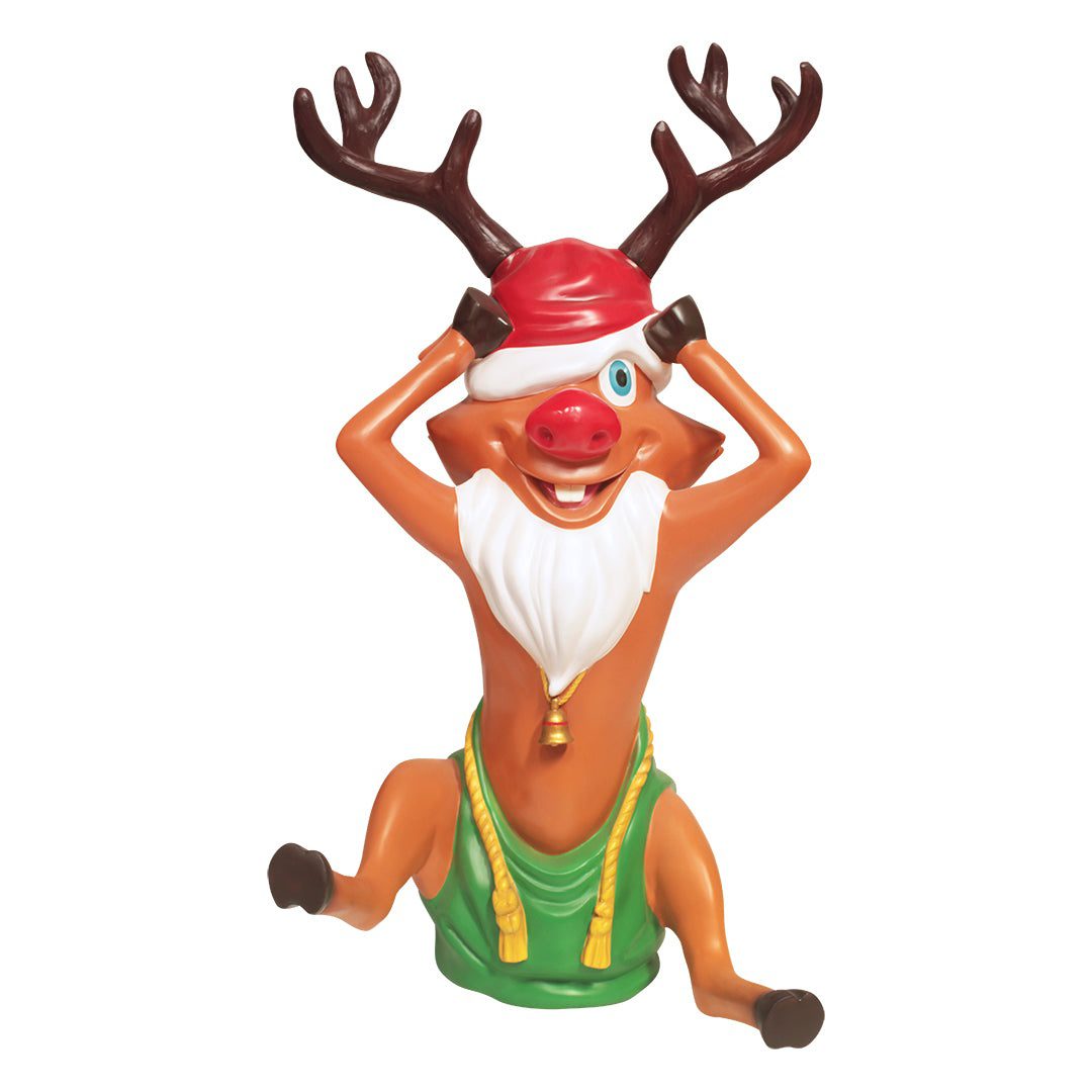 A cartoonish-looking Christmas reindeer with a red nose, wearing a Santa hat and fake white beard.