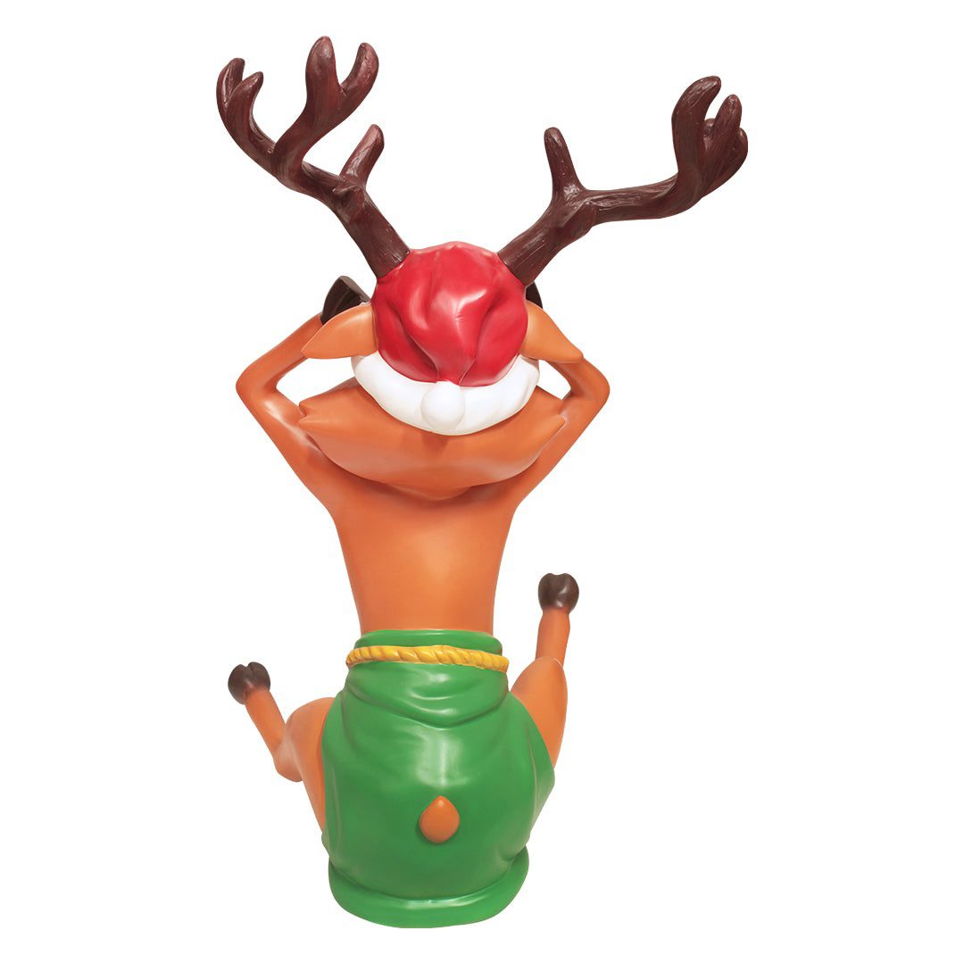 A cartoonish-looking Christmas reindeer with a red nose, wearing a Santa hat and fake white beard.