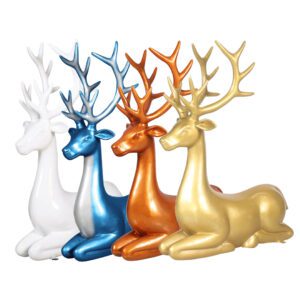 A white, blue, copper, and gold reindeer lying down.