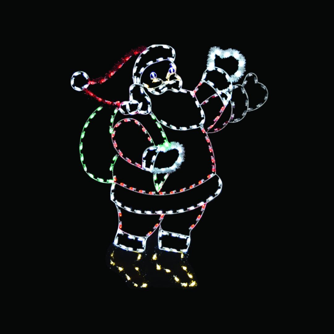 A large Christmas light silhouette of Santa Claus waving.