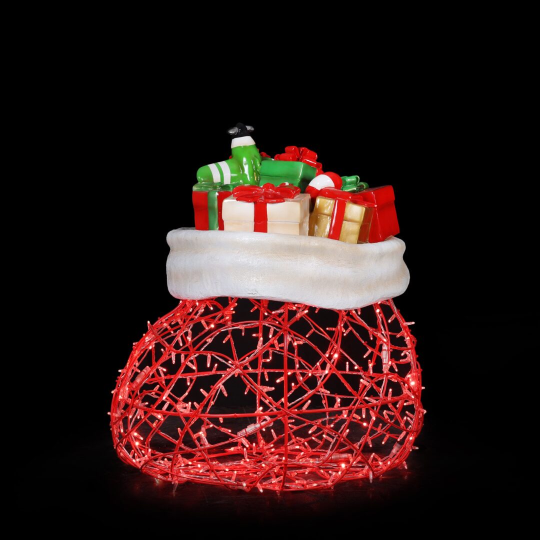 Santa's gift bag made from red LED lights, and fiberglass presents.