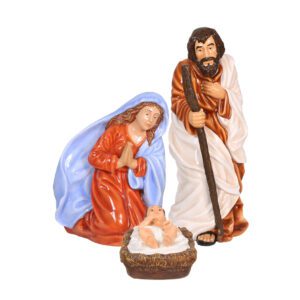 A small fiberglass nativity scene consisting of Mary, Joseph, and baby Jesus.