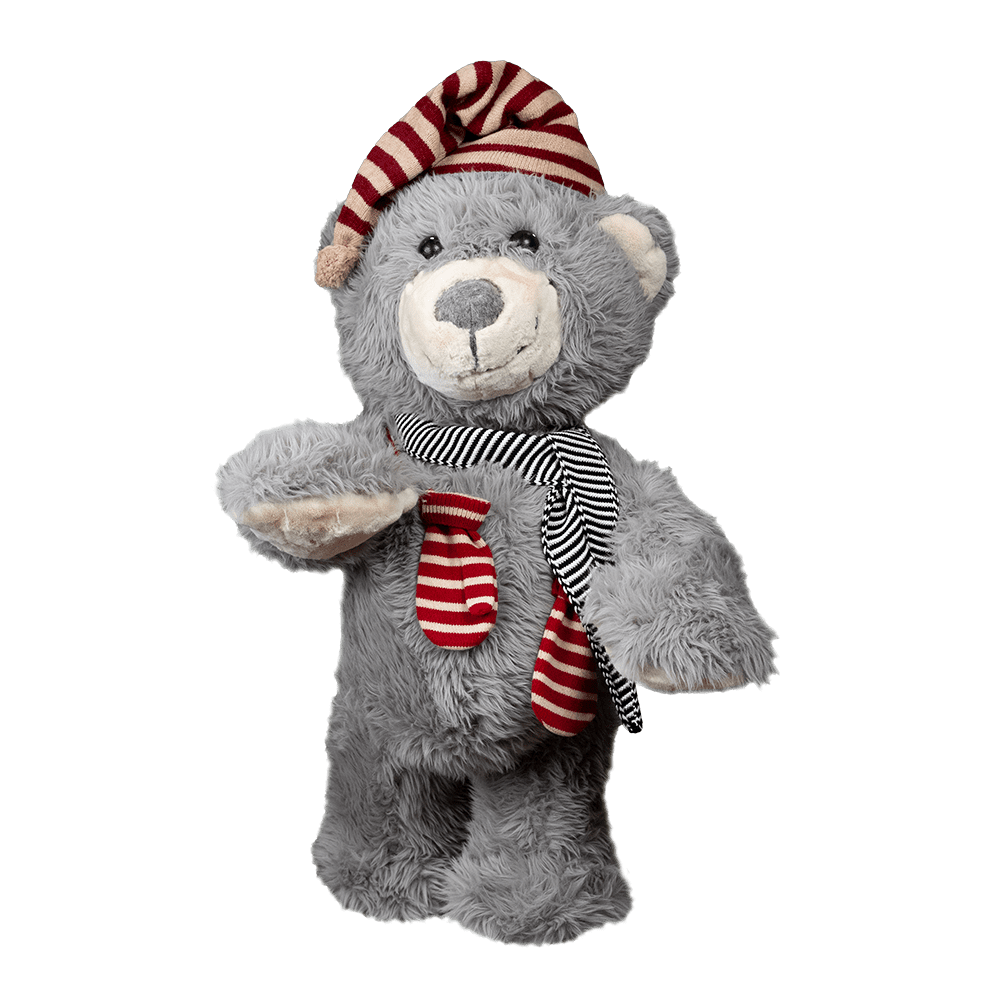 A grey teddy bear wearing a red and white stripped hat and scarf.