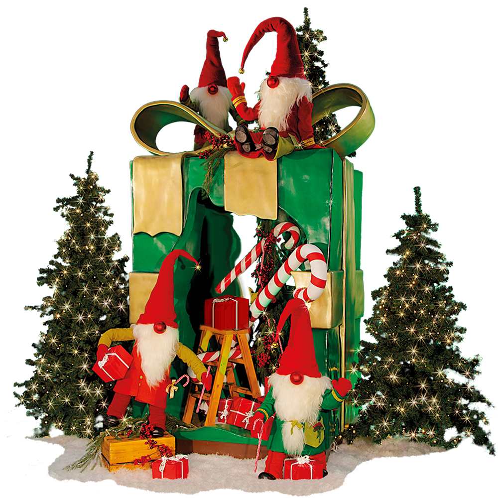 Nordic Nisses in a large green Christmas parcel.