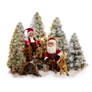 Mrs. Claus sitting in a wooden cart, being pulled by Santa Claus, a fawn, and a small dog.