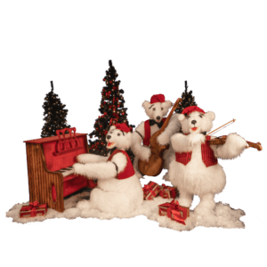 Three dressed polar bears playing a fiddle, piano, and upright bass.