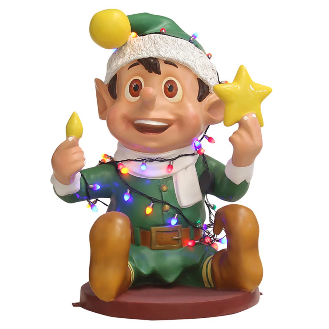 A playful Christmas elf in green clothing, tangled in multi-colored Christmas lights, holding a yellow light bulb and a yellow star.