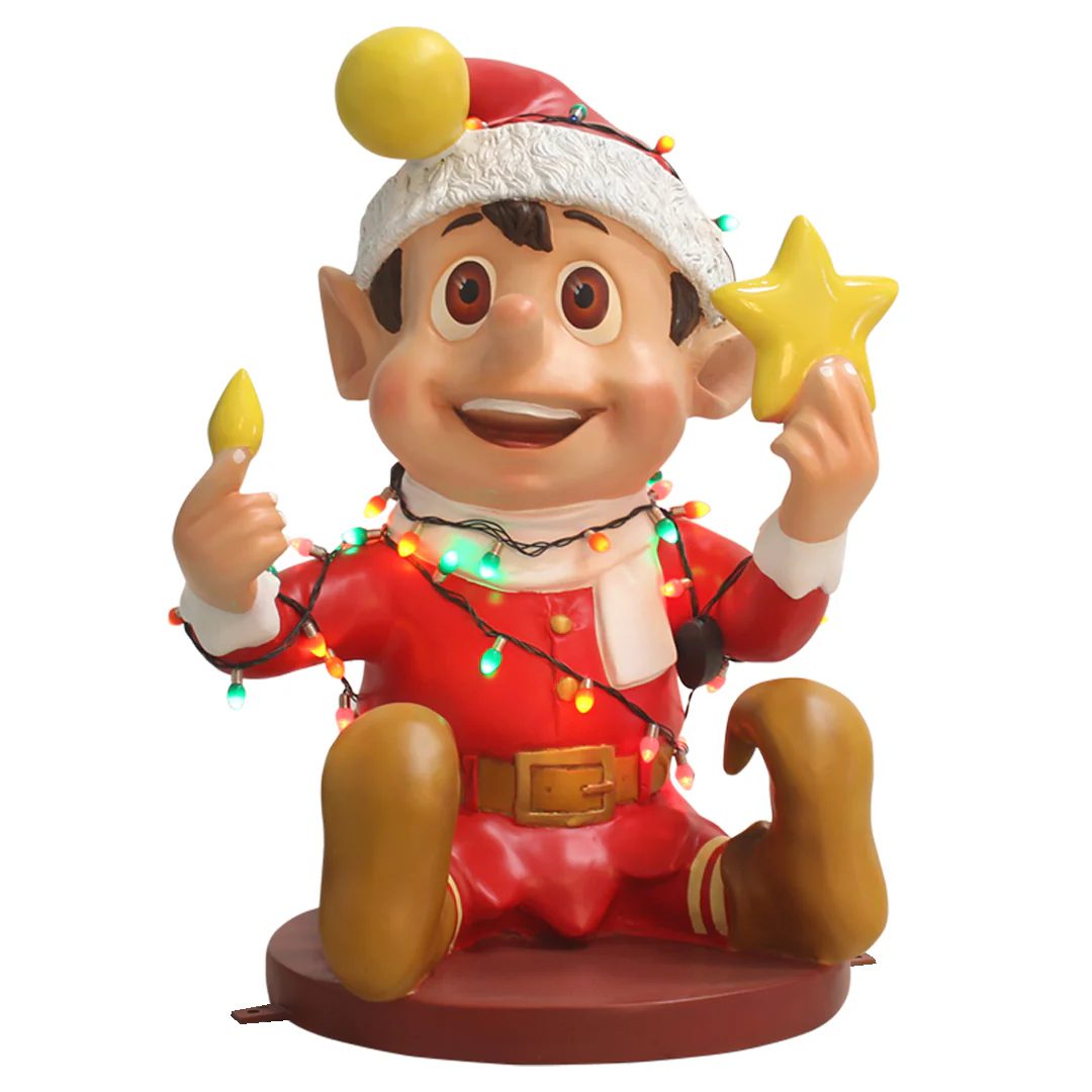 A playful Christmas elf in red clothing, tangled in multi-colored Christmas lights, holding a yellow light bulb and a yellow star.