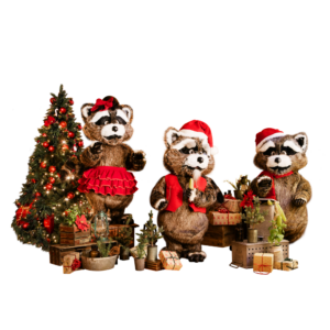 Three cartoonish raccoon animatronics in Christmas clothes.