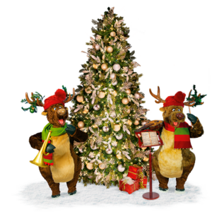 Two cartoon-looking reindeer with hats and scarves, playing music in front of a Christmas tree.
