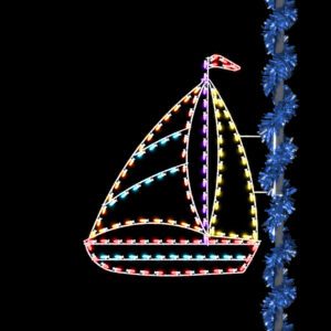 A Christmas light silhouette of a sailboat, mounted on a light pole wrapped with blue Christmas garland.