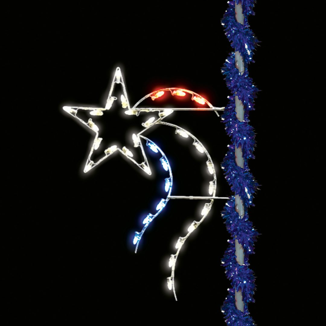 A Christmas light silhouette of a white shooting star with red, white, and blue light tails.