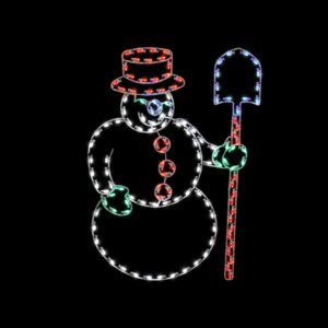 A Christmas light silhouette of a snowman holding a shovel.