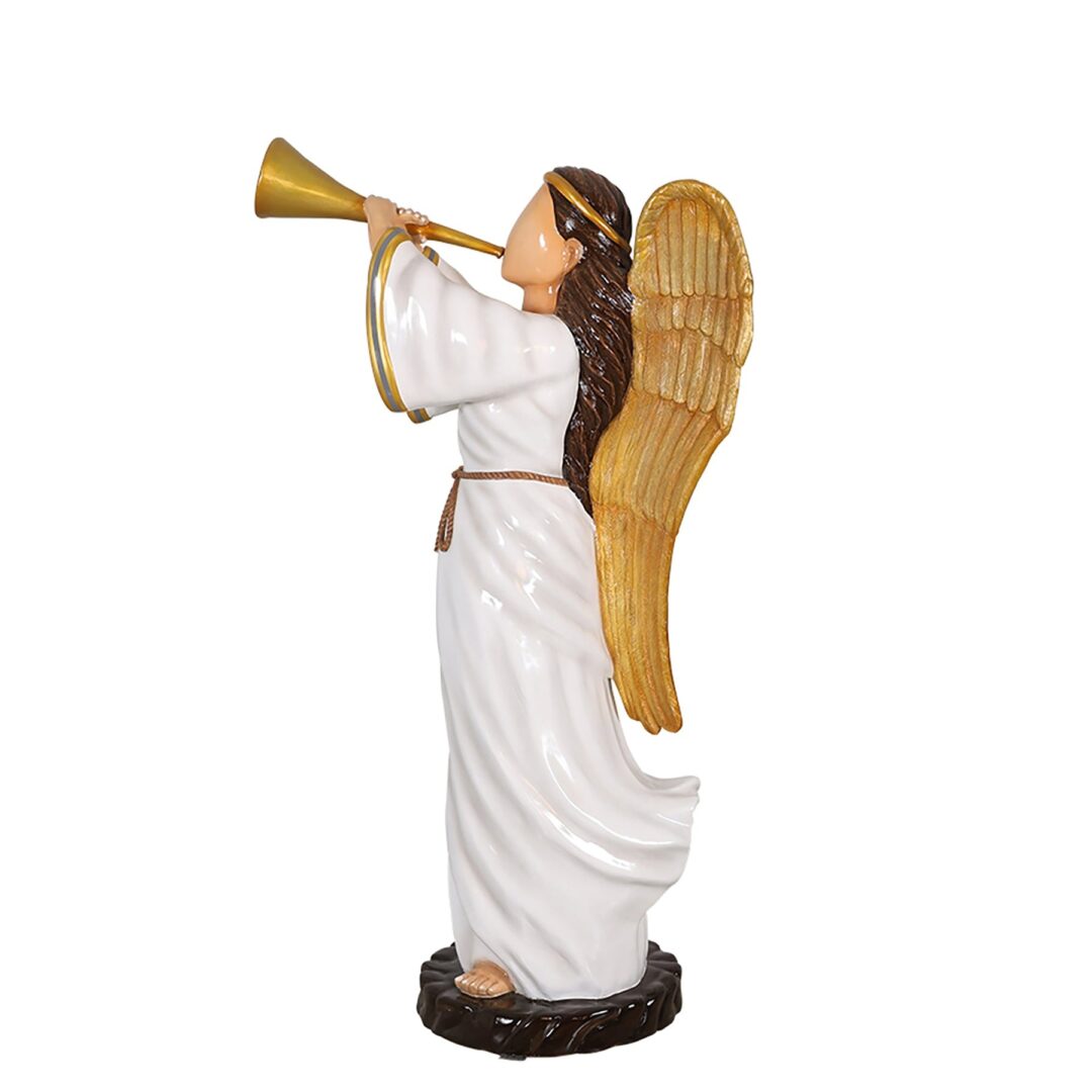 A minimalistic angel statue playing a trumpet, and wearing a white robe with gold wings.