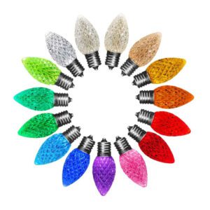 A circle of C7 LED Christmas lights consisting of pure white, cool white, warm white, champagne, yellow, orange, red, ruby red, pink, purple, blue, light blue, teal, green, and lime colored lights.