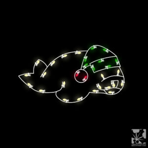A Christmas light silhouette of a small seal with a green and red hat.