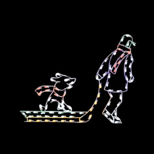 A lighted Christmas silhouette of a boy with a blue jacket, and red scarf, pulling a sled with a dog, also wearing a red scarf.