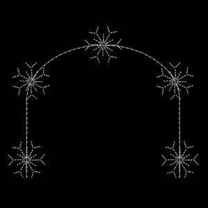 A large archway with five lighted snowflake silhouettes. This display is made from a white wire frame and C7 LED Christmas lights.