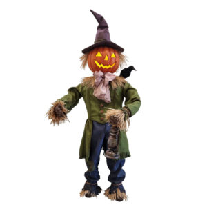 An image of a scarecrow with tattered clothing and a pumpkin head, with a crow on its shoulder.