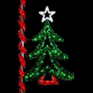 A green garland Christmas tree street light decoration with a white garland star and a red garland base.