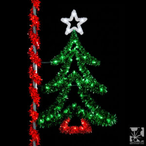 A green garland Christmas tree street light decoration with a white garland star and a red garland base.